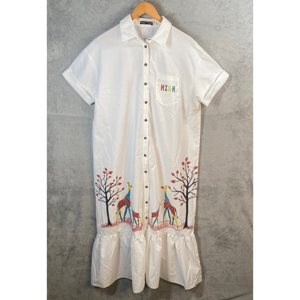 SHEIN Shirt Dress Large Giraffe Graphic Maxi Button Up Artsy Boho Whimsical